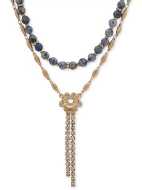 Lonna &amp; Lilly Gold Tone Beaded Two Row Lariat Necklace 16” + 3 Ext Floral